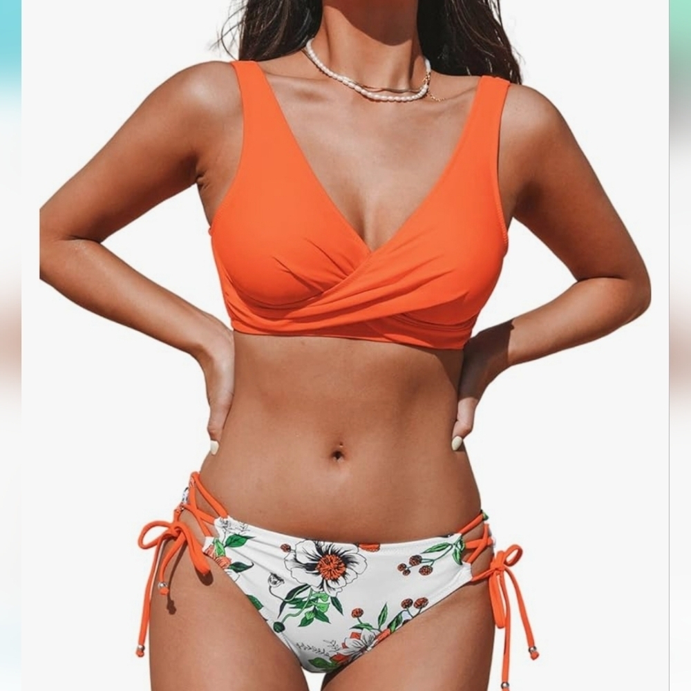 Bikini Swimsuit Front Cross Lace Up Two Piece oranges floral‎ SZ small